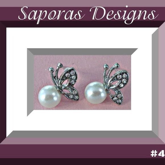 Silver Tone Butterfly Design Stud Earrings With Clear Crystals White Faux Pearl - Picture 1 of 1